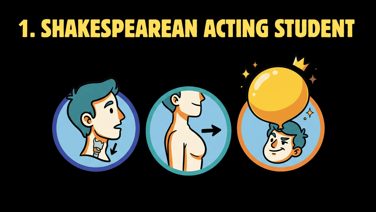 Three cartoon roundels: a head in profile with the larynx dropping, a chest pushed forward, and a head with a hugely inflated crowned balloon ego.