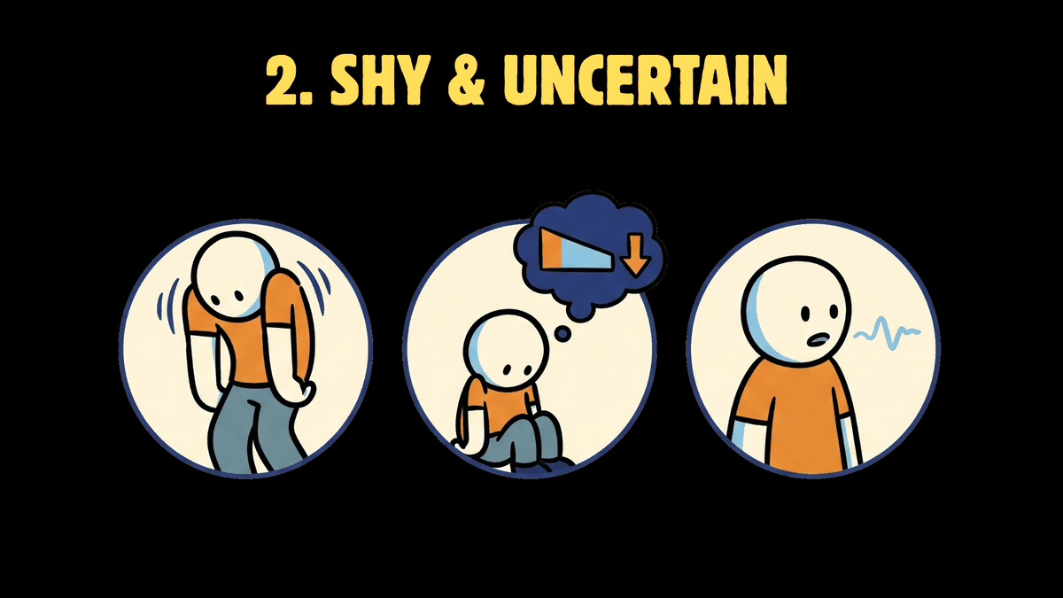 Three cartoon roundels: a figure with hunched shoulders, a small figure curled up with a falling-confidence thought bubble, and a figure with a thin wavering voice line.
