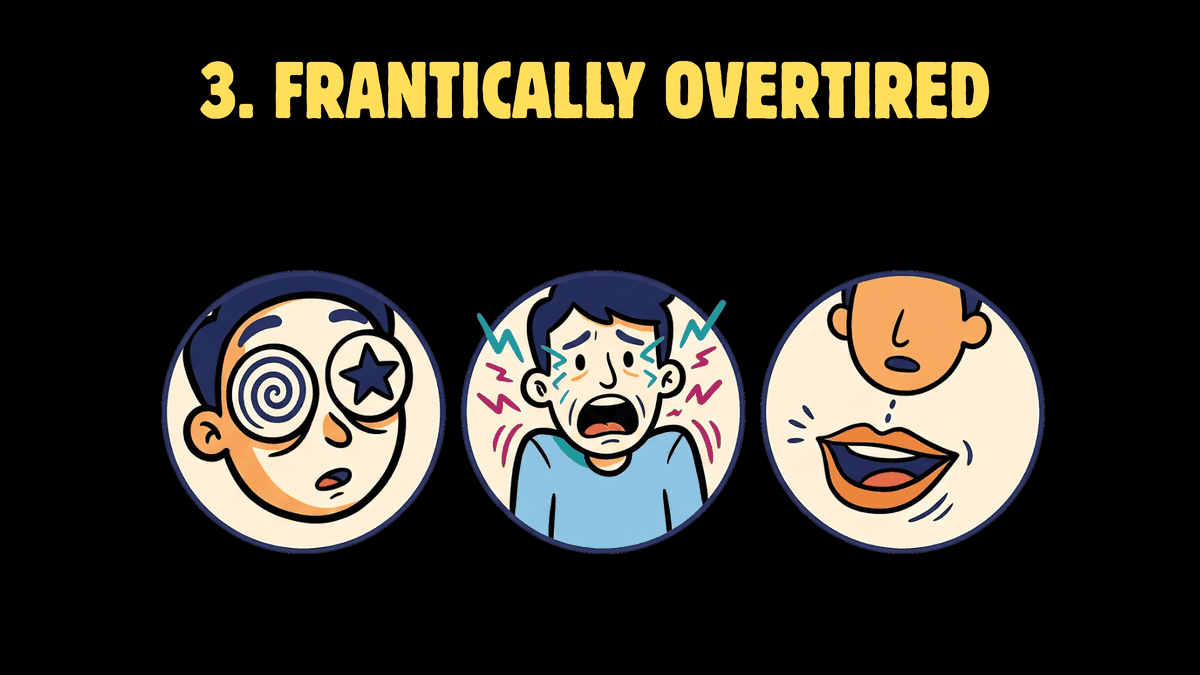 Three cartoon roundels: a face with spiralling fixated eyes, a tense figure crackling with lightning bolts, and a mouth moving frantically on its own.