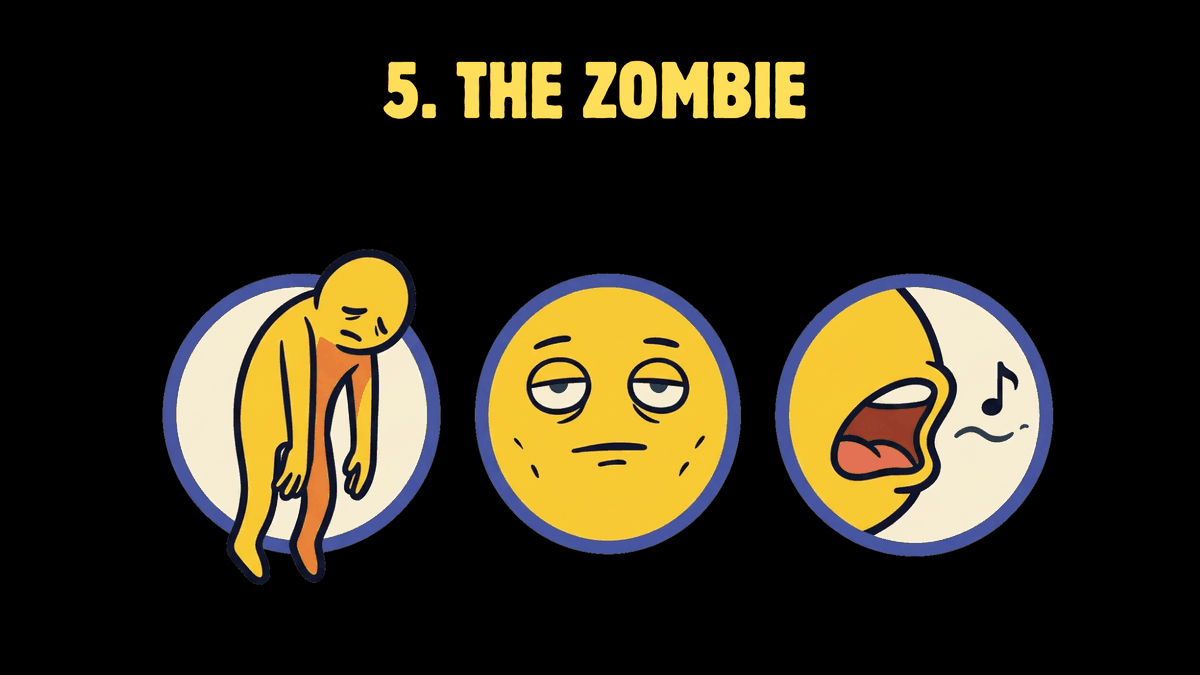 Three cartoon roundels: a figure drooping with no energy, a face with a blank thousand-yard stare, and a mouth emitting one flat quiet note.